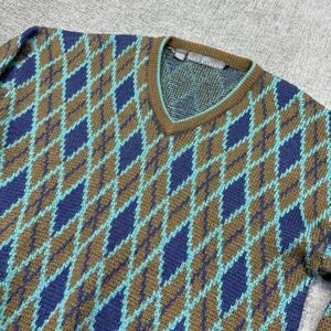 Vintage Basic Elements Sweater Mens XL Wool V Neck Argyle‎ Blue Brown Knit